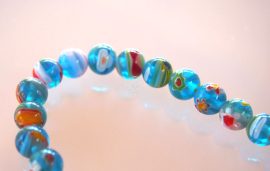 8mm Türkiz Millefiori virágok - festett üveg gyöngy, 5db