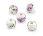 Virágos porcelán gyöngy - 10mm, lila rózsa